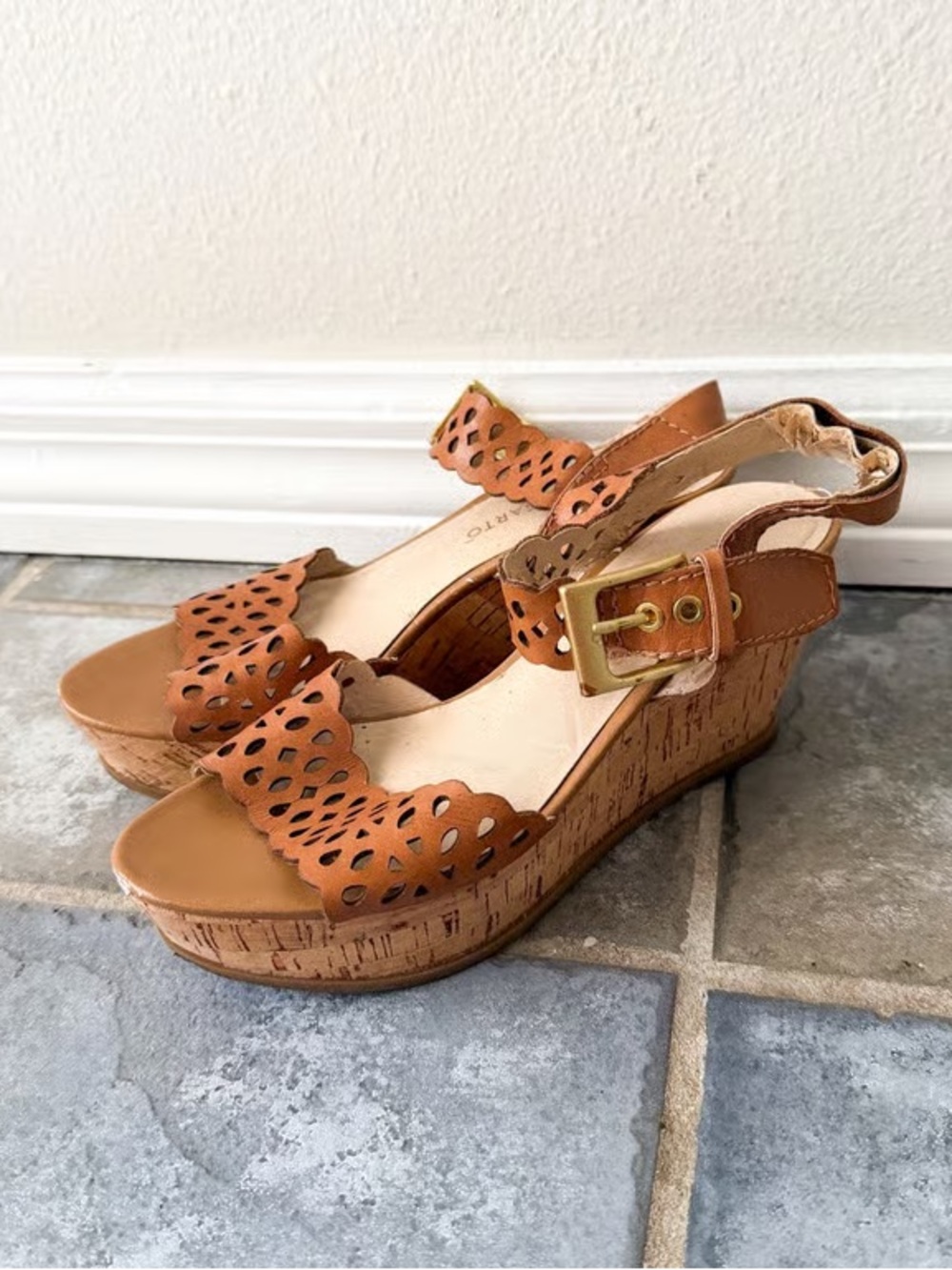 Time and Tru Tan Perforated Scallop Wedge Sandals